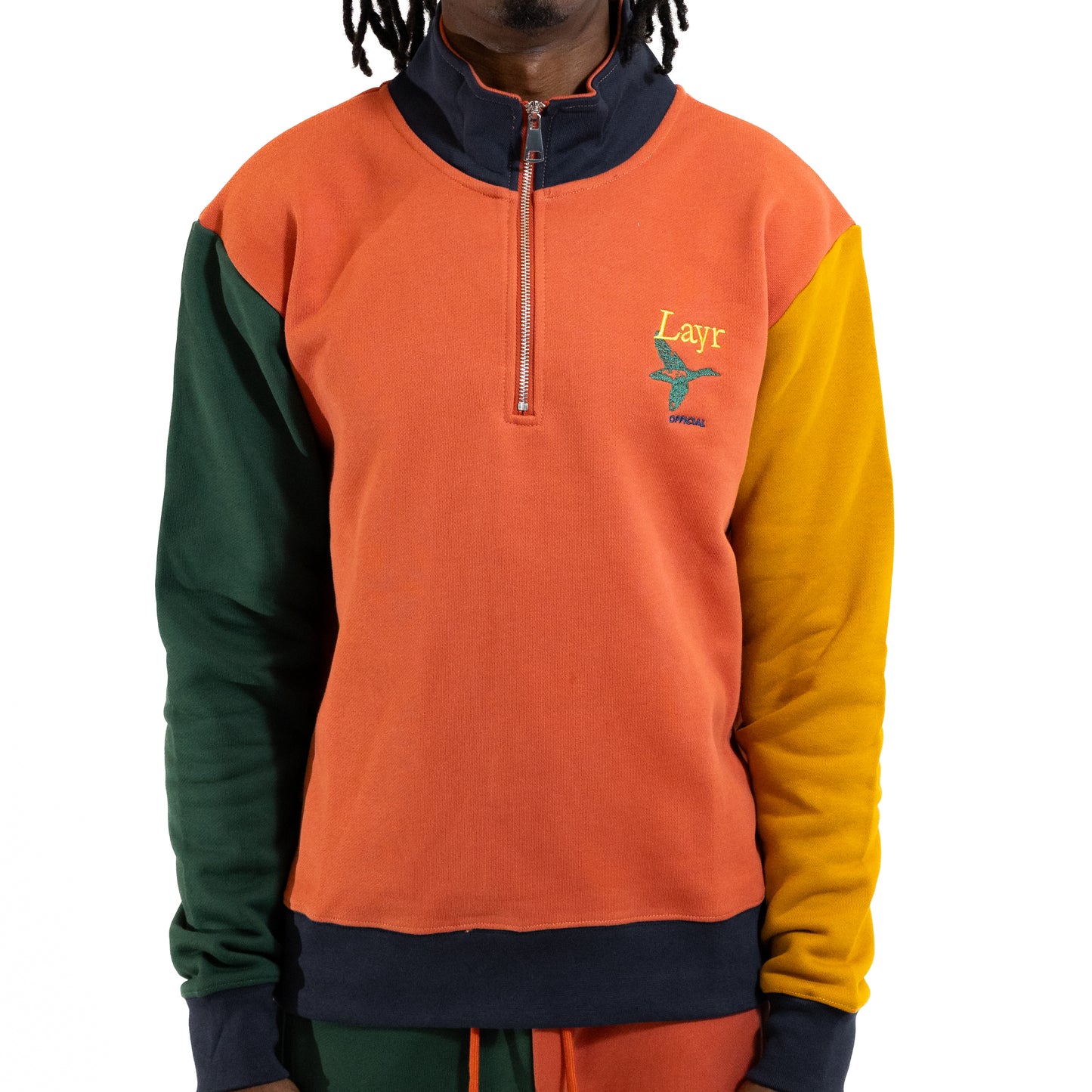 Multi-Panel Quarter Zip Crew, Rust/Mustard-Navy-Green - Layr Official